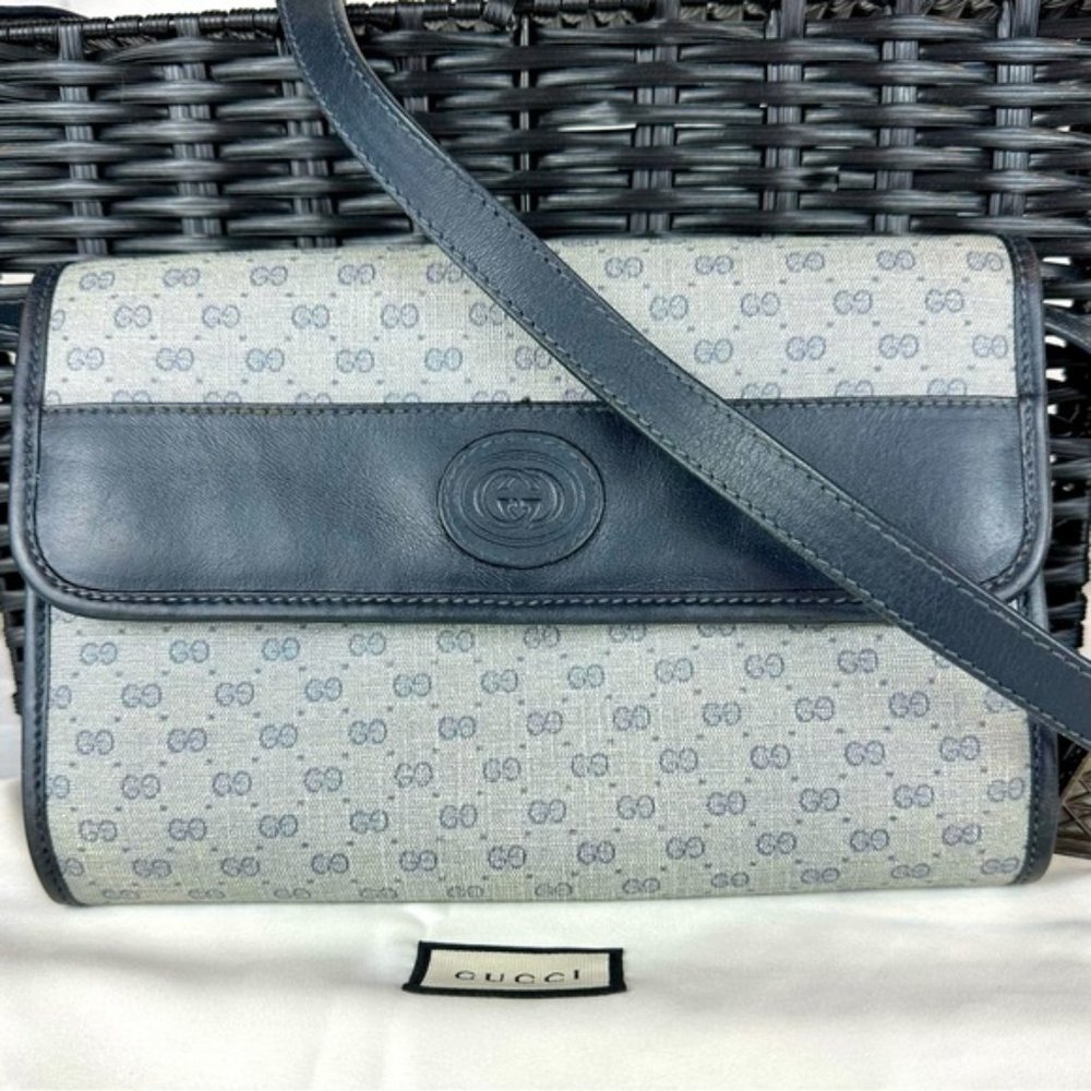Gucci gray and black/blue micro GG clutch crossbody bag with dust bag